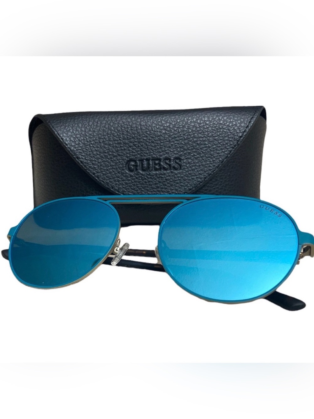Guess Women’s Vintage Round Metal Pilot Sunglasses Turquoise Mirrored New w/Case